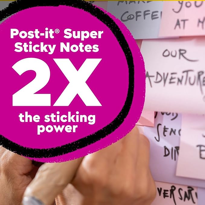 Post-it 100% Recycled Paper Super Sticky Notes, 18 Sticky Note Pads, 1 7/8 in. x 1 7/8 in., Sticky Notes for Vertical Surfaces, Monitors, Walls and Windows, Wanderlust Pastels Collection