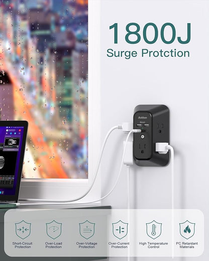 Outlet Extender Surge Protector - Addtam 5-Outlet Splitter with 4 USB Wall Charger(PD 30W), Multi Plug Wall Outlet Power Strip for Home, Black