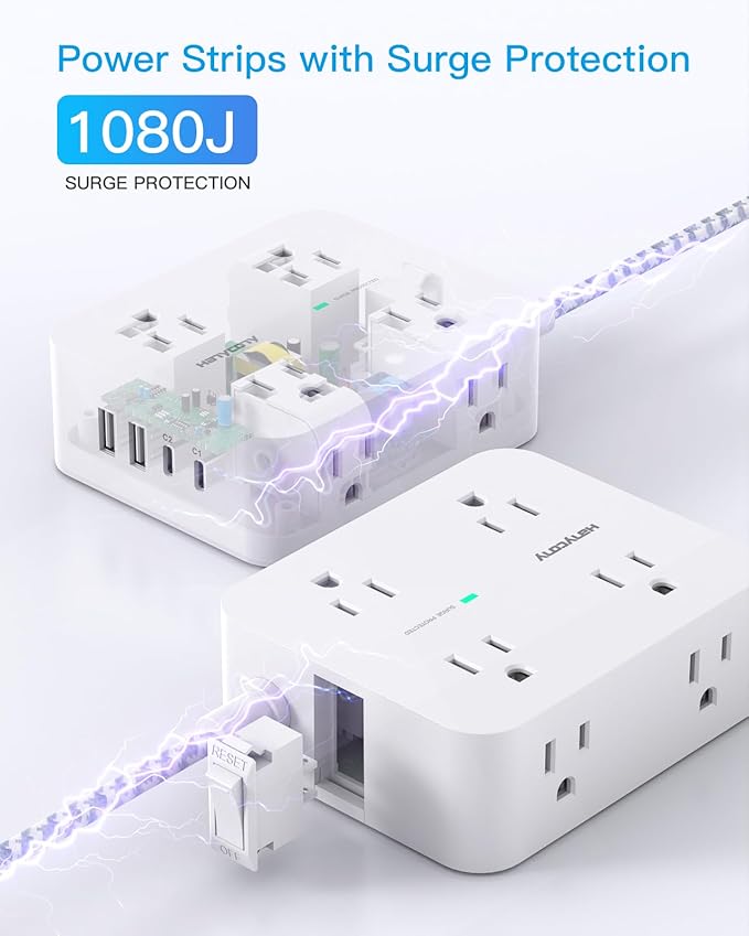 PD 30W USB C Power Strip Surge Protecor, 8 Outlets 4 USB Fast Charger (2 USB C Ports), 1080J Desk Charging Station for Multiple Devices, 6 Ft Flat Plug Extension Cord for College Dorm Room Essentials