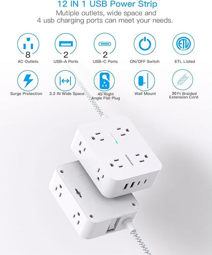 Extension Cord 20 Ft, Power Strip Surge Protector with 8 Outlets 4 USB Ports(2 USB C), Long Cord, Flat Plug, Wall Mount, Desk USB Charging Station for Home Office Essentials