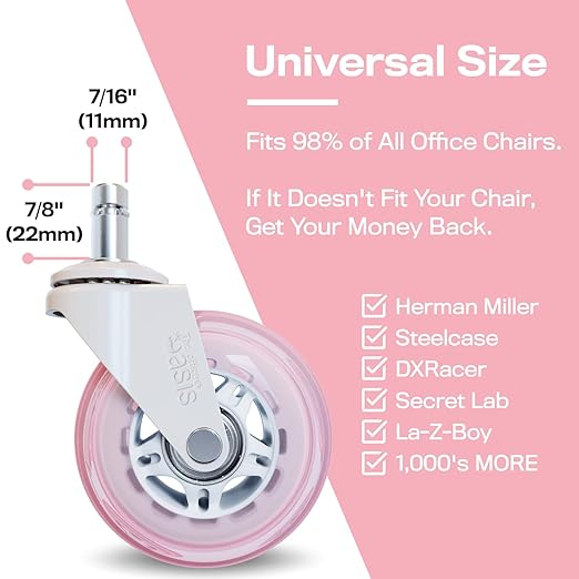 The Office Oasis Original Roller Style Office Chair Wheels (As Seen On PBS) - Smooth & Quiet Casters - Safe for Hardwood Floors & Carpet - Easy Install with Universal Fit - Set of 5 - Pink