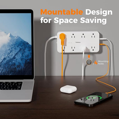 Power Strip with Surge Protection, TESSAN Flat Plug Extension Cord with 8 Outlets 3 USB Ports(1 USB C), 1080J Wall-Mounted Charging Station for Apartment Office School Dorm Room Essentials