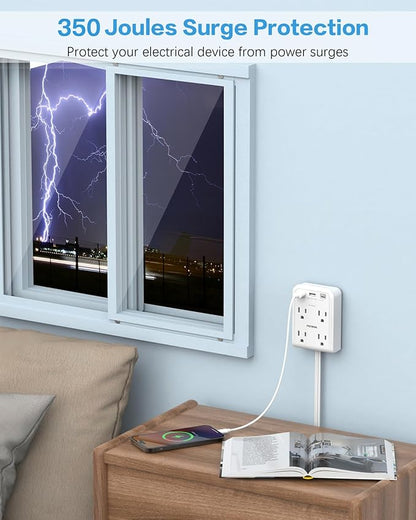 Flat Electrical Outlet Extender with USB C Ports, 4 Outlet 3 USB Wall Plug, 6 ft Thin Extension Cord, Flat Plug Power Strip Surge Protector for Home, Office. White
