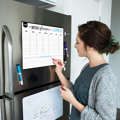 Cinch! 19x13-Inch Magnetic Whiteboard for Fridge - Weekly Calendar and Meal Planner - Stain Resistant Dry Erase Board with 4 Fine Tip Markers and Eraser - Magnetic Weekly Planner for Easy Scheduling