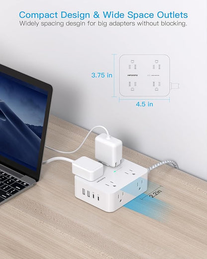 10 Ft Extension Cord with Multiple Outlets, Flat Plug Power Strip Surge Protector 10 Ft Long Cord, 8 Outlets, 30W USB C Charger (2 USB C Ports), Multi Plug Wall Outlet for College Dorm Room Essentials