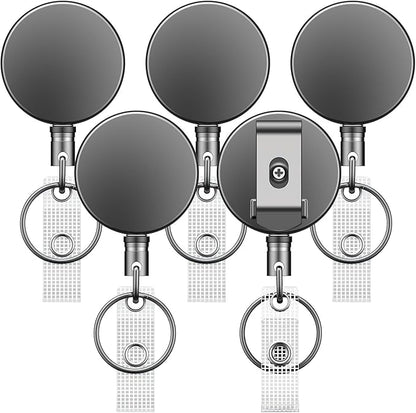 Uniclife 5 Pack Metal Retractable Keychain Heavy Duty Retractable Badge Reel for Badge Holder All Metal Casing with Stainless Steel Spring Coil 27.5 Inch Nylon Rope Belt Clip and Key Ring