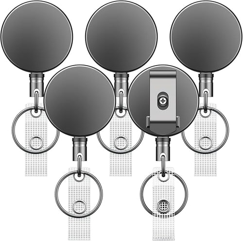 Uniclife 5 Pack Metal Retractable Keychain Heavy Duty Retractable Badge Reel for Badge Holder All Metal Casing with Stainless Steel Spring Coil 27.5 Inch Nylon Rope Belt Clip and Key Ring