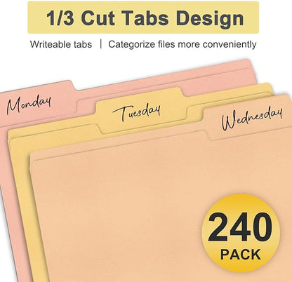 ViVin File Folders, Fits 8.5 x 11 Letter Size Paper, 1/3-Cut Tabs, 240 Pack Manilla Colored File Folders, Perfect for Home, Office, and School Documents File Paper(Assorted)