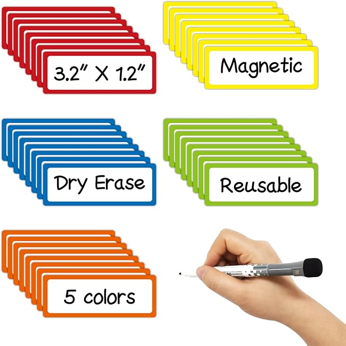 Colored Border Dry Erase Magnetic Labels 3.1x1.2 Inch, Reusable Magnetic Dry Erase Labels for Whiteboards，Pack of 40