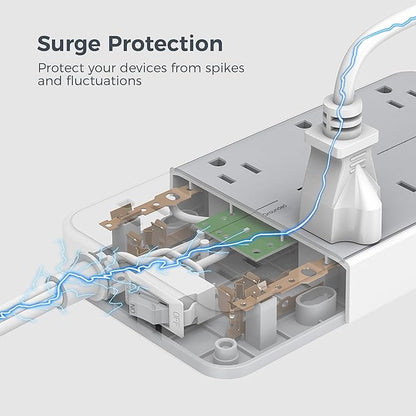Flat Plug 15 FT Extension Cord, TESSAN Surge Protector Power Strip with 8 AC and 3 USB(1USB-C) Ports, 1080J Protection, Wall Mount Widely Spaced Charging Station for Home, Office, School, Dorm Room