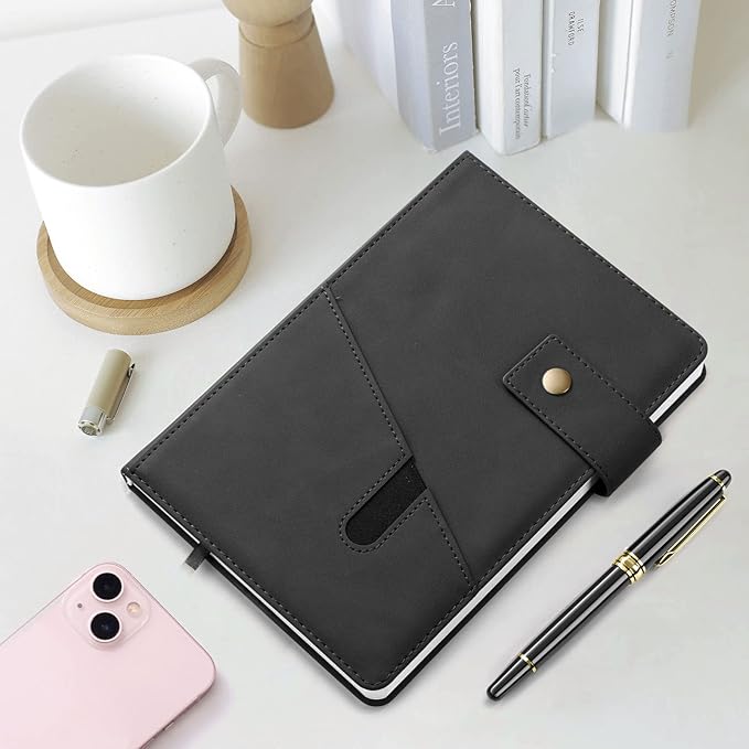 A5 Leather Journal Notebook with Pen, 200 Pages Hardcover Journal with Pocket, 100gsm Thick Lined Paper Daily Diary for Men and Women, Great Gift for Business School Travel Personal - Black