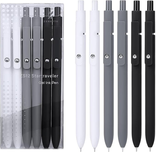FIOVER Gel Pens,6Pcs Fine Point Smooth Writing Pens 0.5mm Black Gel Ink, High-End Series Ballpoint for Journaling Note Taking, Gifts for Women Men (6pcs-Black, Gray, White)