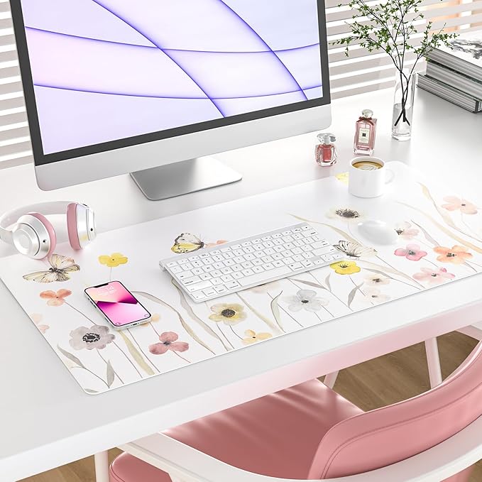 Colorful Star Large Desk Mat, Watercolor Floral Mouse PadOffice Supplies, Waterproof PU Leather Gaming Mousepad for Women Girls, Butterflies Desk Pad Home Office Decor Desk Accessories 31.5" x 15.7"