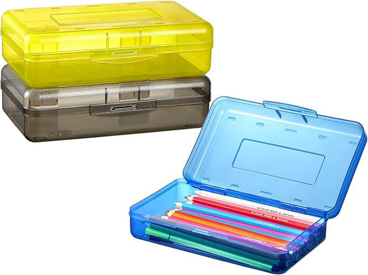Sooez 3 Pack Pencil Case, Large Pencil Box Case, Clear Crayon Marker Box Bulk, Hard Plastic School Supplies with Snap-tight Lid, Stackable Storage Container Art Craft Organizer for Bead Pens