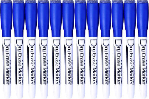 Volcanics Magnetic Dry Erase Markers With Eraser Cap Low Odor Fine Tip Whiteboard Pens Markers for Kids Thin Box of 12, Blue