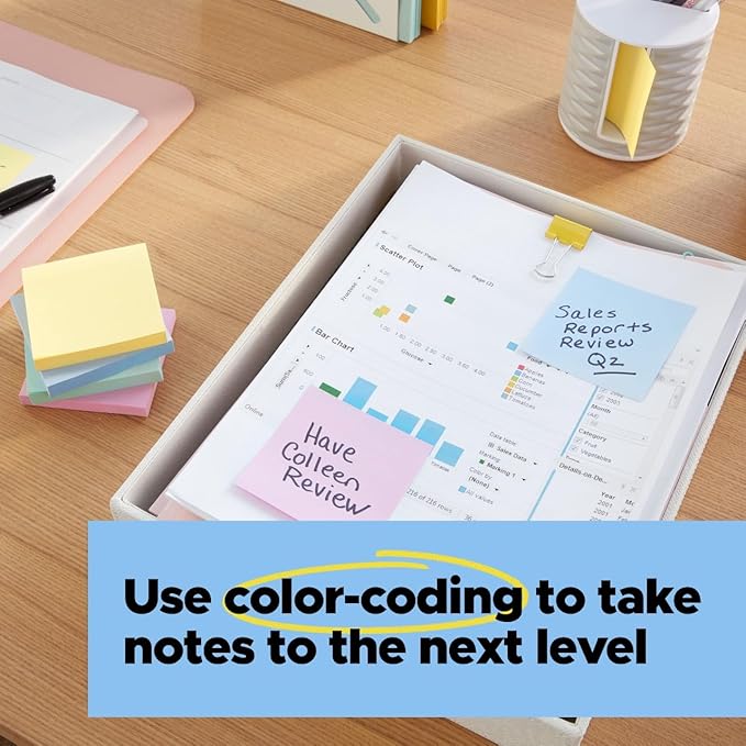 Post-it 100% Recycled Paper Super Sticky Notes, 18 Sticky Note Pads, 1 7/8 in. x 1 7/8 in., Sticky Notes for Vertical Surfaces, Monitors, Walls and Windows, Wanderlust Pastels Collection