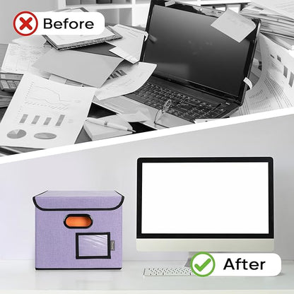 BALEINE File Organizer Box with Lid, Collapsible File Folder Organizer with Plastic Slide, Hanging File Folder Box for Office Document Storage (2 Pack, Purple)