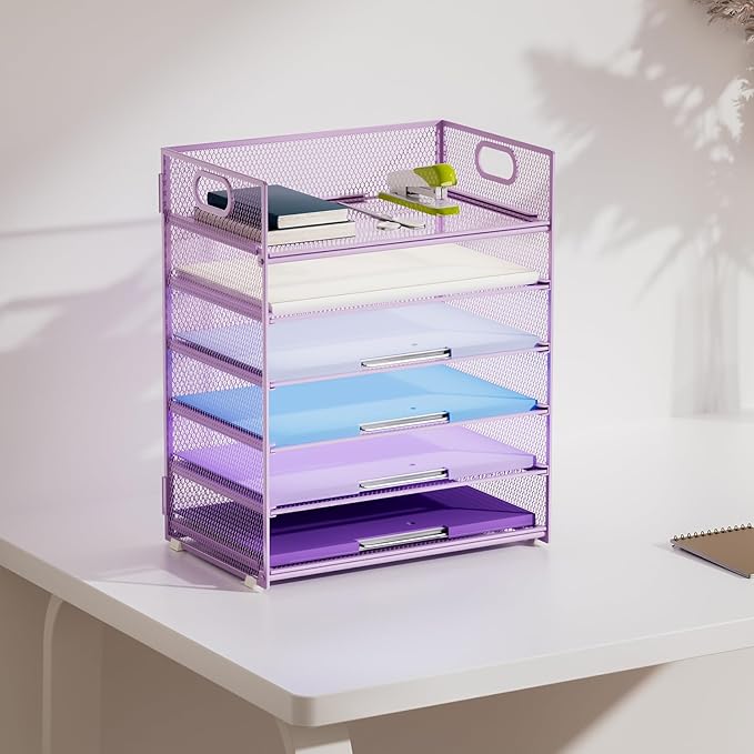 Marbrasse 6 Tier Paper Organizer - Mesh Desk File Holder with Handle, Letter/A4 Paper Sorter - Purple