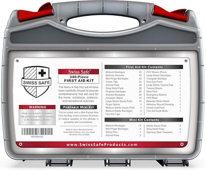 Swiss Safe 2-in-1 First Aid Kit for Car, Travel & Home, Businesses - Bonus Mini Kit for Medical Emergency Aid, Survival, Camping - FSA & HSA Eligible - 348 Pcs, Large Hardcase FAK