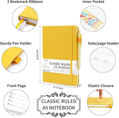 12 Pack Notebooks Journals Bulk with 12 Black Pens, Feela A5 Hardcover Notebook Classic Ruled Journal Set with Pen Holder for School Business Work Travel Writing, 120 GSM, 5.1”x8.3”, Yellow