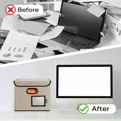 BALEINE File Organizer Box with Lid, Collapsible File Folder Organizer with Plastic Slide, Hanging File Folder Box for Office Document Storage (2 Pack, Beige)