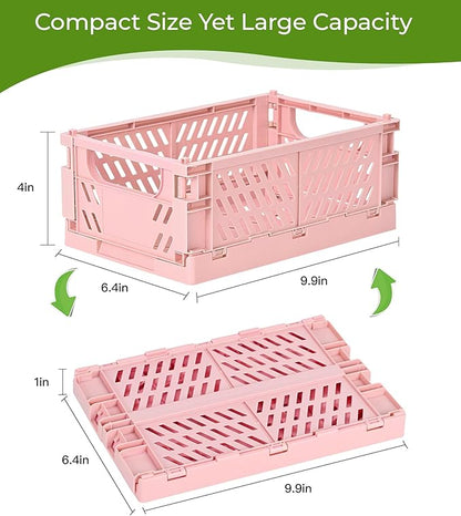 4-Pack Small Pastel Plastic Storage Baskets, Collapsible Crates for Organizing, Space-Saving Mini Bins for Classroom, Kitchen, Office, Bedroom (Pink, 9.8" x 6.5" x 3.8")