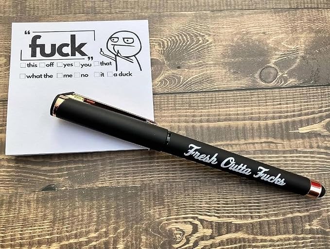 Fresh Outta Fucks Pad and Pen Funny Sticky Notes and Pen Set White Elephant Gift Novelty Pen Funny Desk Accessory Fun Gifts for Friends (Black)