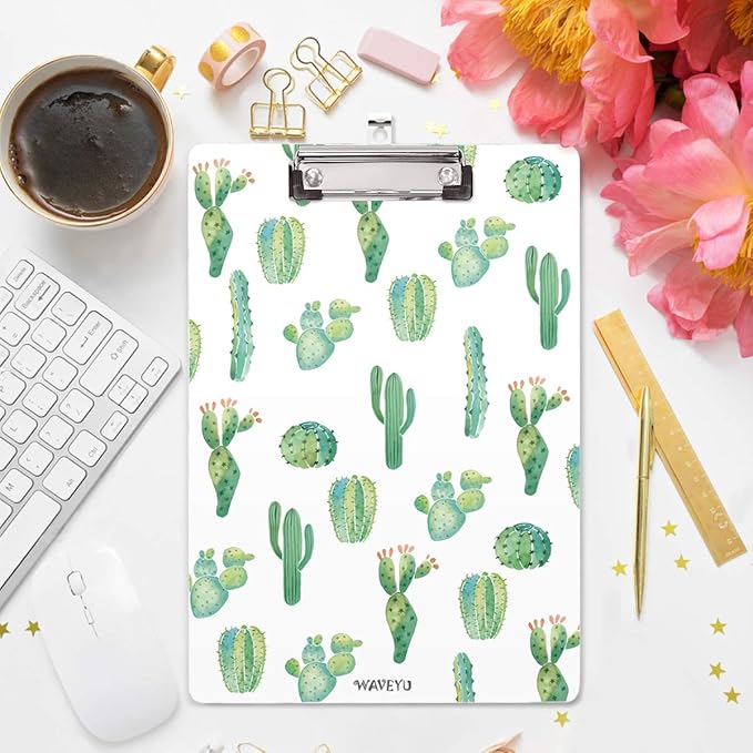 WAVEYU Clipboard, Cute Clipboard, Letter Size Decorative Clipboard Cactus Design with Low Profile Clip, Retractable Key Hole for Hanging Paperboard for Office School, Cactus (12.5"x9")