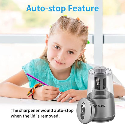 JARLINK Electric Pencil Sharpener, Heavy-Duty Helical Blade to Fast Sharpen, Auto Stop for No.2/Colored Pencils(6-8mm), USB/Battery Operated in School Classroom/Office/Home (Gray)