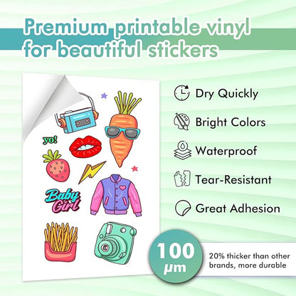 Koala Printable Vinyl Sticker Paper for Inkjet Printer - 100 Sheets Sticker Printer Paper Matte White, Waterproof Sticker Paper 8.5x11 Inch, Work with Cutting Machine