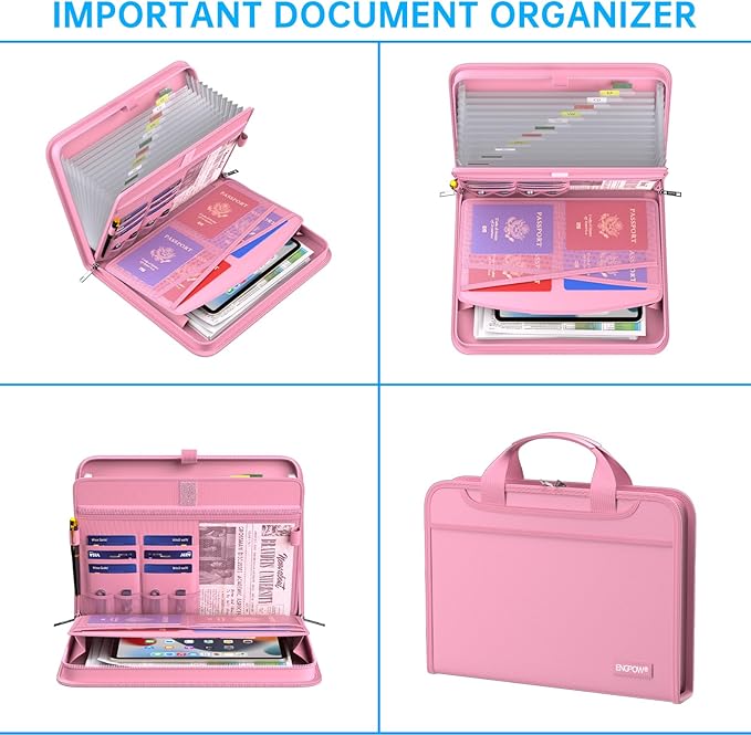 ENGPOW Accordion File Organizer,Fireproof Expanding File Folder with Multi Pockets,13 Pockets Document Organizer with Handle & Labels,Portable Home Travel Safe Storage Folder for Letter A4 Files,Pink