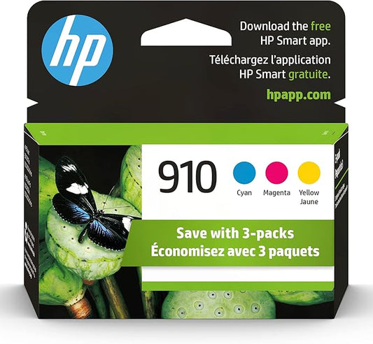 HP 910 Cyan, Magenta, Yellow Ink Cartridges | Works with HP OfficeJet 8010, 8020 Series, HP OfficeJet Pro 8020, 8030 Series | Eligible for Instant Ink | 3YN97AN, 3 Count (Pack of 1)