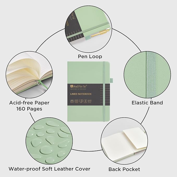 A5 Lined Journal and Pen Set, Hardcover Notebook with Pen, 160 Pages 100gsm Thick Ruled Paper for for Women Men Work Business School or Home Writing, 5.7'' x 8'' (Light Green)