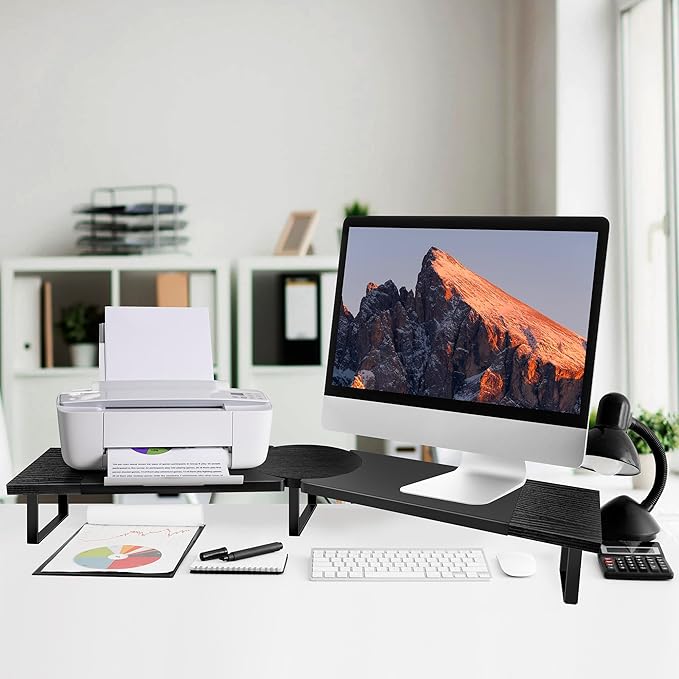 Dual-Monitor-Riser-Stand-For-Desk, Large Monitor Stand Riser For 2 Monitors With Adjustable Length Angle, Double Computer Riser For Desktop Organizer, Monitor Shelf Riser For TV Laptop Printer