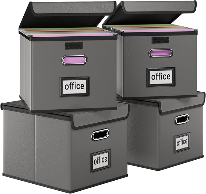 Huolewa Upgraded Portable Leather File Organizer Boxes with Lids, Office Document Boxes Organizer, Filing Boxes, Decorative Small File Boxes for Hanging Files with Plastic Slide for Office/Decor/Home
