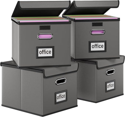 Huolewa Upgraded Portable Leather File Organizer Boxes with Lids, Office Document Boxes Organizer, Filing Boxes, Decorative Small File Boxes for Hanging Files with Plastic Slide for Office/Decor/Home