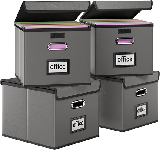 Huolewa Upgraded Portable Leather File Organizer Boxes with Lids, Office Document Boxes Organizer, Filing Boxes, Decorative Small File Boxes for Hanging Files with Plastic Slide for Office/Decor/Home