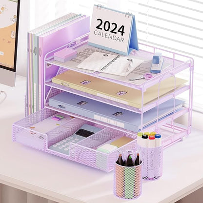 Paper Clip Holders Desk Organizers and Accessories,4-Tie Leter Tray Organizer with 2 Pen File Holder,Desk Drawer,Ofice Accesorie for Office Supplies,Purple