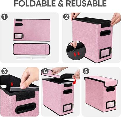 BALEINE File Organizer Box with Lid, Collapsible File Folder Organizer with Plastic Slide, Hanging File Folder Box for Office Document Storage (1 Pack, Pink, S)
