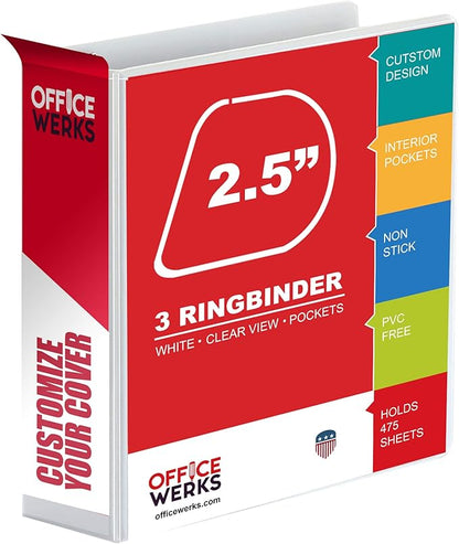 3 Ring Binder, 2.5" Professional Angle D-Rings, Presentation Folder for Standard Pages with Inside Pockets, Customizable Clear View White Binder (3.2" Spine)