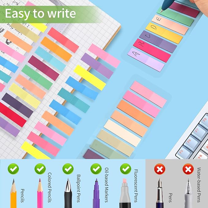 Lysas 1200pcs Page Markers, Morandi Sticky Note Tabs Colored Translucent Writable and Repositionable Book Flags Tabs Strip Index Page Tabs