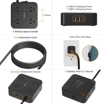 Surge Protector Flat Plug Power Strip, Black Extension Cord, 8 AC Outlets, 3 USB Charger(1 USB C Port) 3 Side Outlet Extender, 5 Ft, 900 Joules Protection, Office Supplies, Dorm Room Essentials