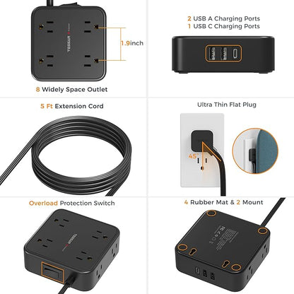 Surge Protector Flat Plug Power Strip, Black Extension Cord, 8 AC Outlets, 3 USB Charger(1 USB C Port) 3 Side Outlet Extender, 5 Ft, 900 Joules Protection, Office Supplies, Dorm Room Essentials