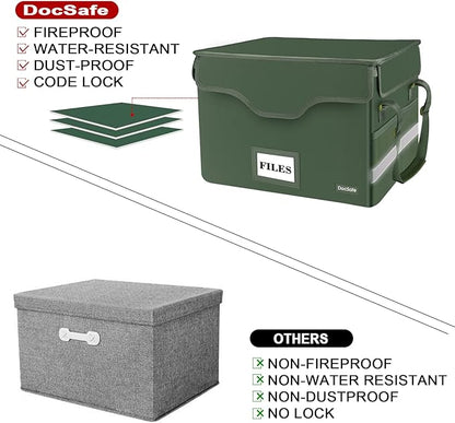 DocSafe File Box Fireproof Document Box with Lock,File Storage Organizer Box with Insert Mesh Pocket,Collapsible Portable File Box Home Office File Cabinet for Hanging Letter/Legal Folder,Green,2 Pack