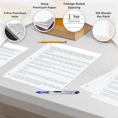 Loose Leaf Paper, 900 Sheets, 6 Pack, College Ruled, 8" x 10.5", 56 gsm Bulk Office Filler Paper, 3 Hole Punched, 150 Sheets/Pack, College Ruled Paper for 3 Ring Binder, Notebook Paper, White