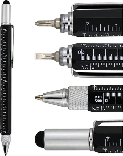 HeTaoCat Gifts Multi Tech Tool Pen 6 in 1 Stylus Pen - Screwdriver Pen with Ruler, Levelgauge, Ballpoint Pen Black ink (Black)