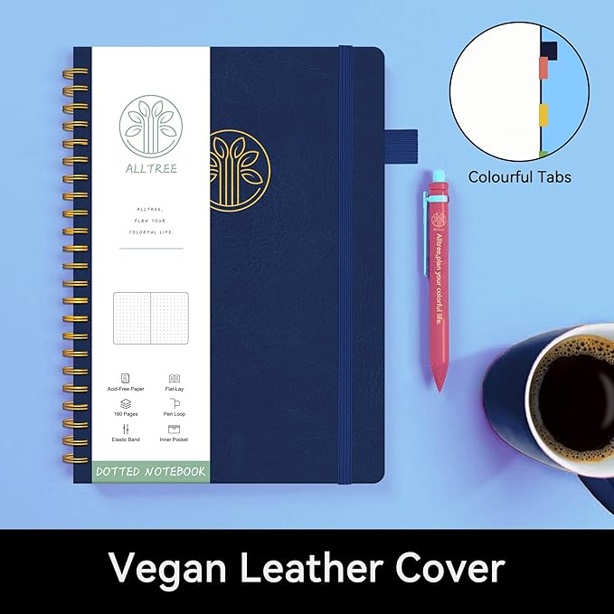 Alltree Spiral Dot Grid Notebook Journal, Dotted Paper Notebook for Work, Hardcoer Spiral Notebook with Pen Loop, Pocket, Stickers, 160 Pages, Journal for Women & Men, Navy Blue(6"x8.5")