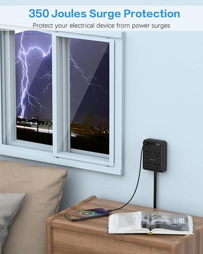 Flat Electrical Outlet Extender with USB C Ports, 4 Outlet 3 USB Wall Plug, 6 ft Ultra Thin Extension Cord, Flat Plug Power Strip Surge Protector for Home, Office. Black
