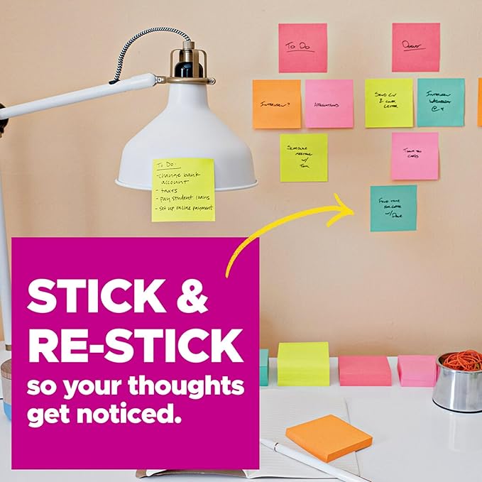 Post-it Super Sticky Notes, 5 Sticky Note Pads, 3 x 3 in., School Supplies, Office Products, Sticky Notes for Vertical Surfaces, Monitors, Walls and Windows,Canary Yellow
