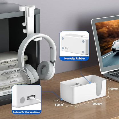 KDD 4 in 1 Desk Cup Holder - Clamp on Under Desk Headphone Hanger - Rotating Headphone Holder Detachable Pen Cup Holder Desk Storage for Cup, Phone and Pen(White)